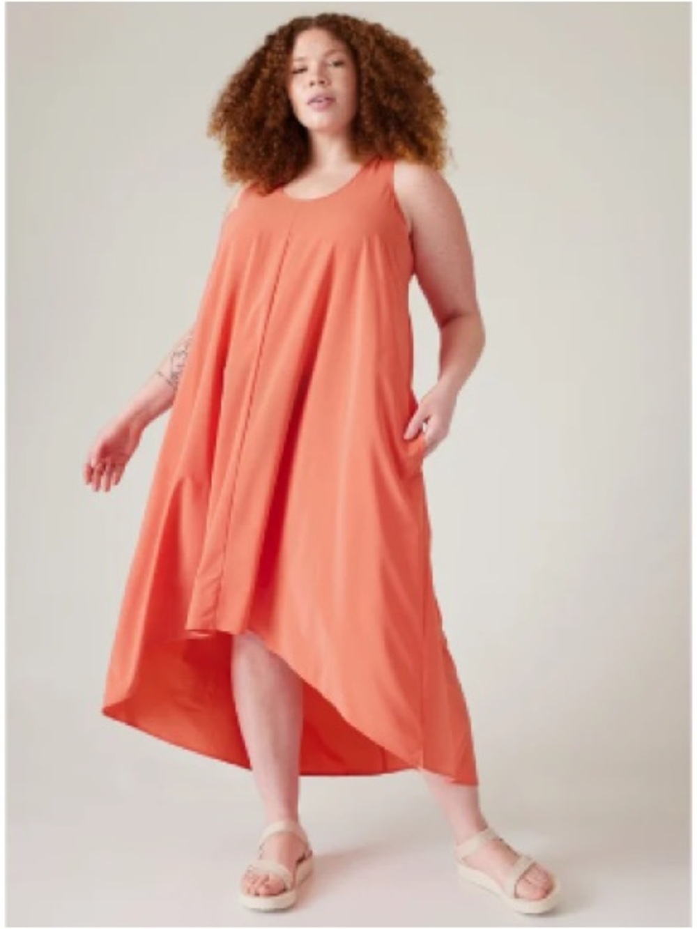 Athleta Presidio High Low Maxi Dress Coral Petal Size L Pockets Travel